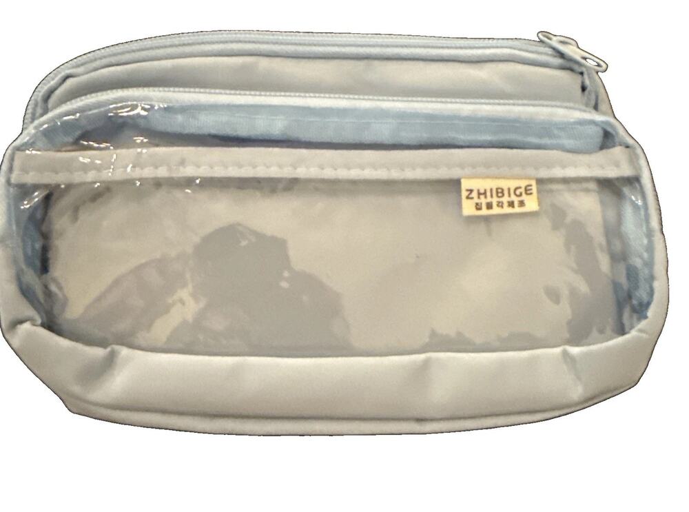Triple Compartment Pencil Pen Case Pouch Bag Cosmetic Storage School Light Blue